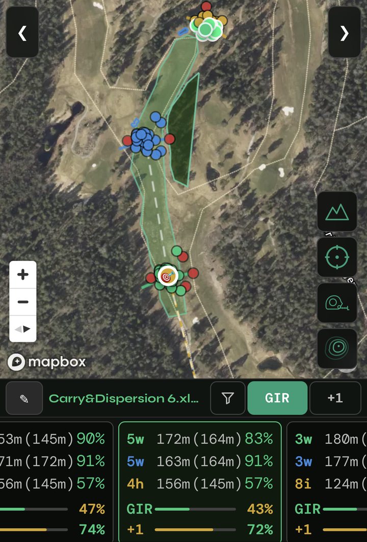 A par 5 with three shots planned: tee shot, layup and approach, each in its own colour